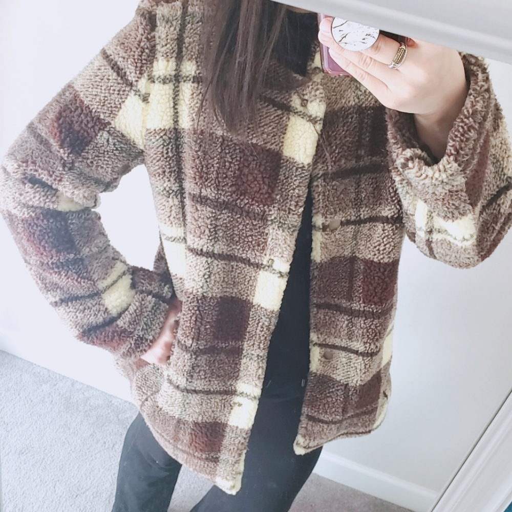 NWT Sanctuary l Plaid Snap Teddy Bear Coat M